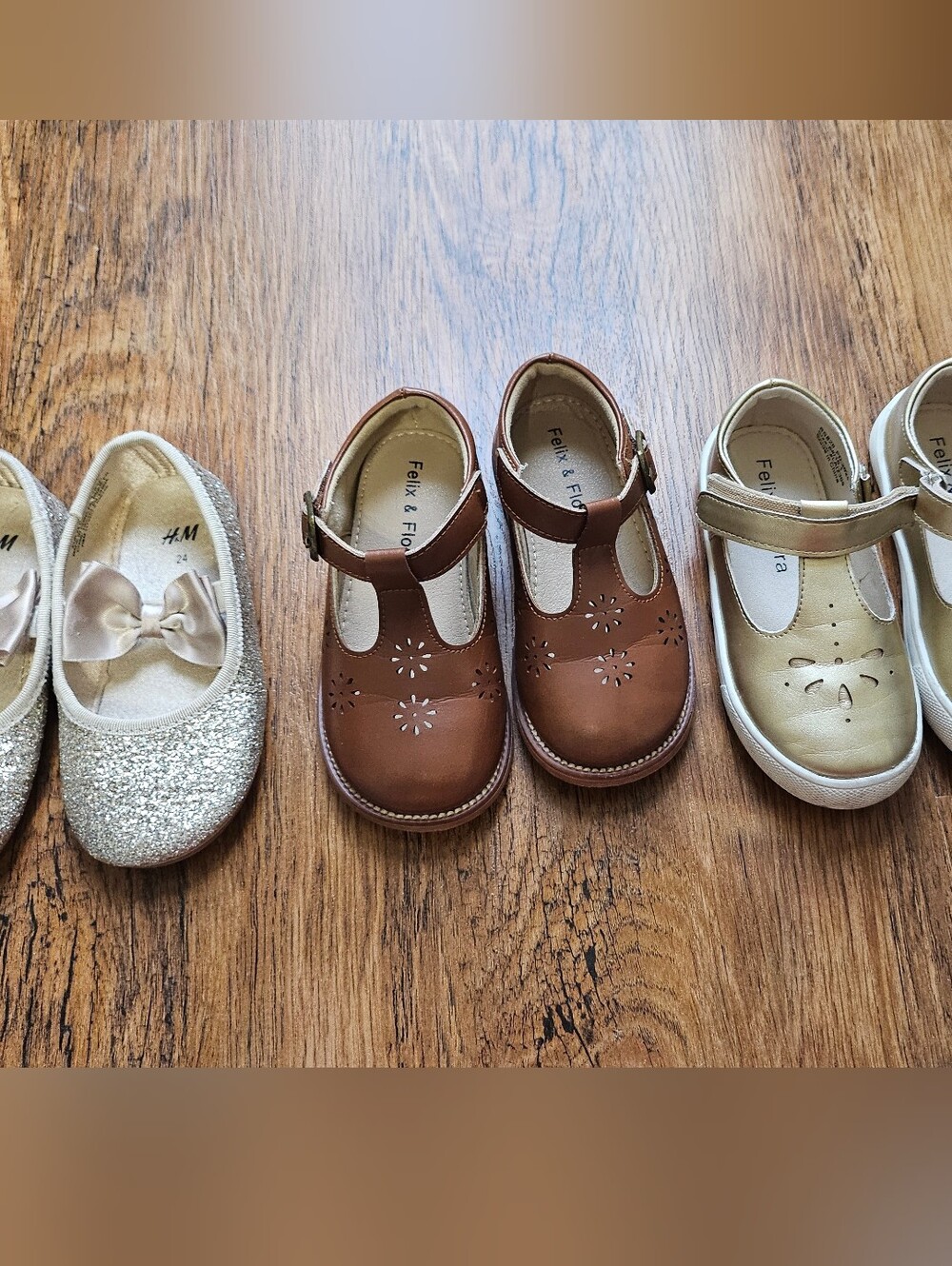 3 Pairs Of Shoes Girl 8T Moccasin, Ballerina And Golden
